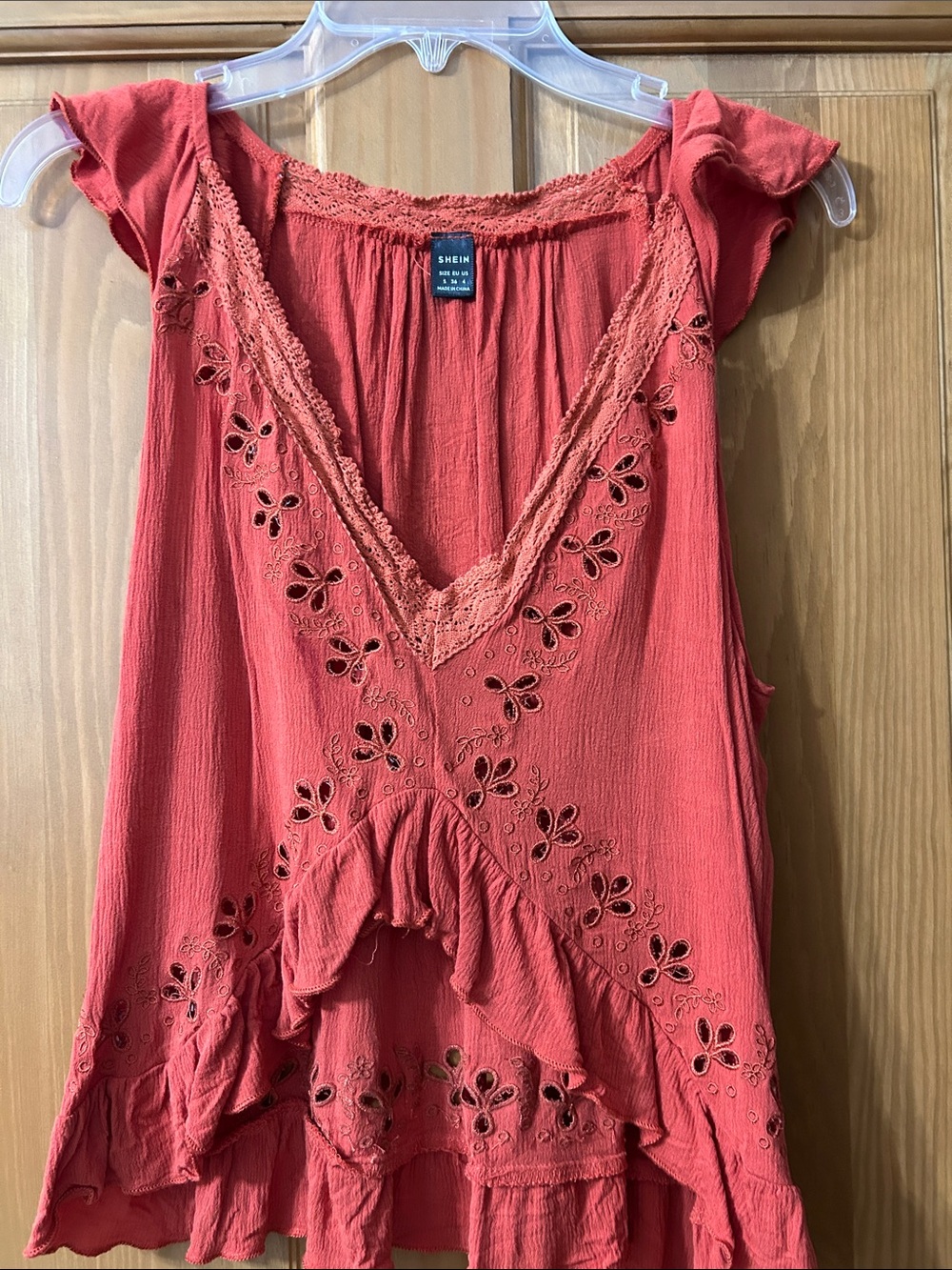 Shein Rust  Eyelet Ruffle V-Neck Women's Top